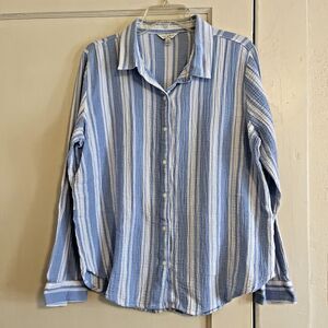 Lucky Brand Top Womens L Blue White Seersucker Cotton Shirt Button Beach Travel